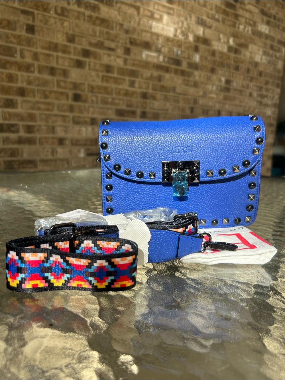 Mersi Royal Blue Studded Vegan Leather Crossbody Bag 2 Straps